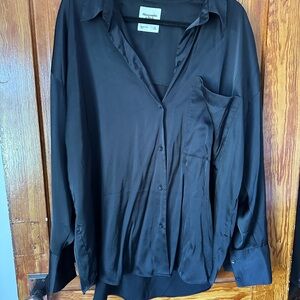Black oversized silkButton-Up Shirt